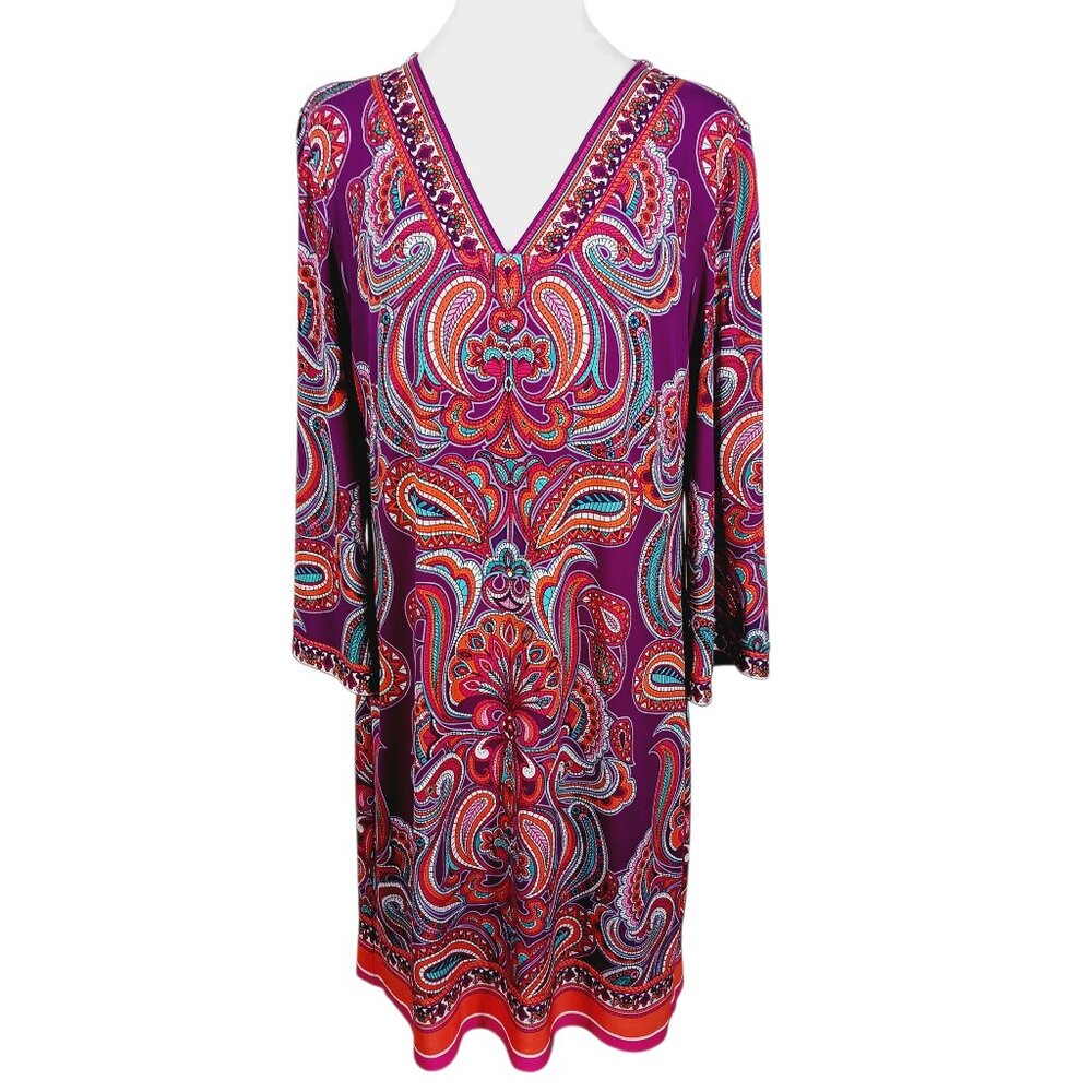 Laundry by Shelli Segal Paisley Print V-Neck Shift Dress Size Large Mod, Vibrant